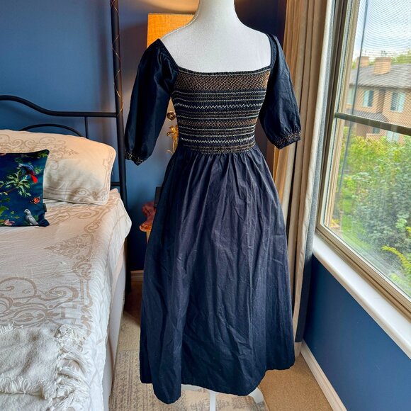 Old Navy Black Midi Dress w Tan Elastic Smocked Bodice - Picture 2 of 15
